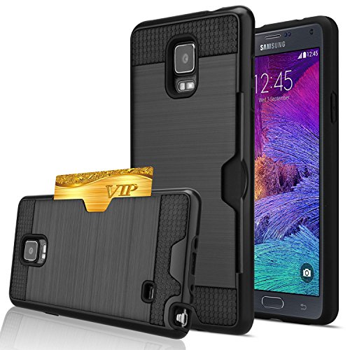 Note 4 Case, Samsung Galaxy Note 4 Wallet Case, Jwest [Card Slot] Shock Absorbent Armor Hybrid Defender Brushed Metal Texture Shockproof Protective Wallet Cover Case For Samsung Galaxy Note 4 - Black