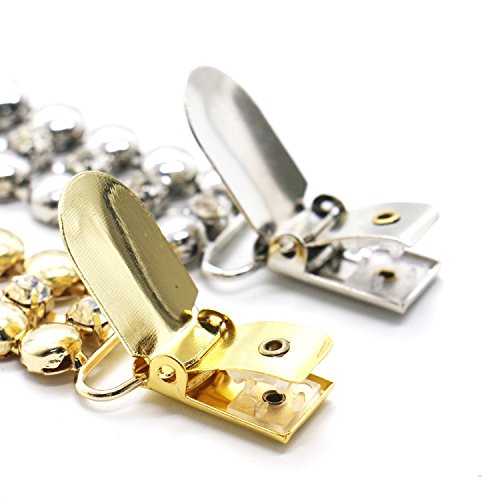 Buorsa 2PCS Gold and Silver Crystal Sweater Clip Cardigan Clip Collar Clip With Chain - Thumbnail 3