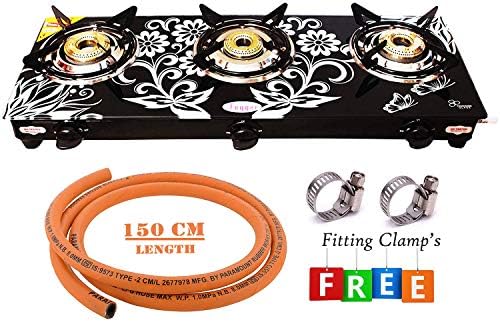 Fogger 3 Burner Gas Stove, White with 1.5 Metre LPG Suraksha Hose Pipe (Glass Top, ISI Certified)