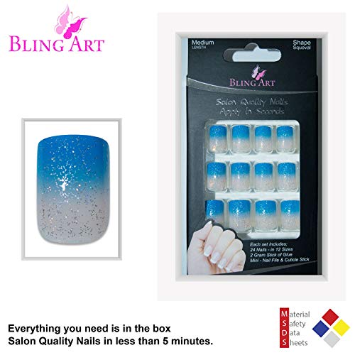 False Nails Bling Art French Fake Blue Be My Baby Squoval 24 Acrylic Medium Tips