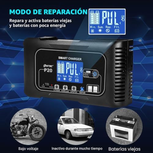 Haisito Car Battery Charger 12V/24V 20A, Intelligent Fast Battery Charger Car and Motorcycle, Desulfator and Maintainer for LiFePO4 Lithium Lead Acid Batteries (AGM, GEL, EFB, SLA, VRLA)