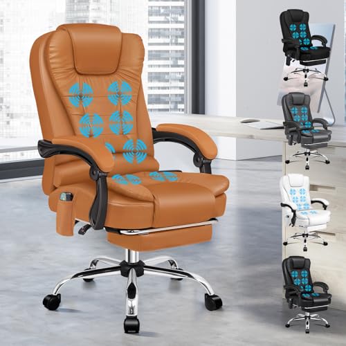Sedia Scrivania con Massaggio, Sedia Ufficio Ergonomica con Sedile riscaldato, Supporto Lombare e Poggiapiedi, Poltrona Girevole per Ufficio e Studio Sala Riunioni, Similpelle(Marrone)
