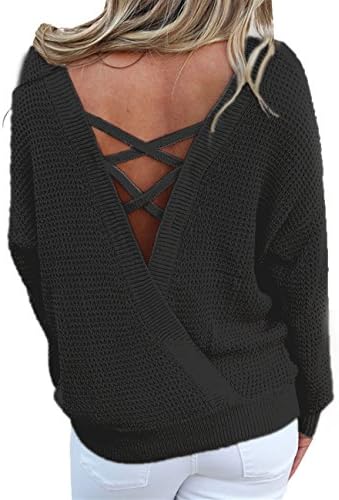 ORQ Women's Loose Round Neck V Criss Cross Backless Sweater Knit Jumper Pullover Top
