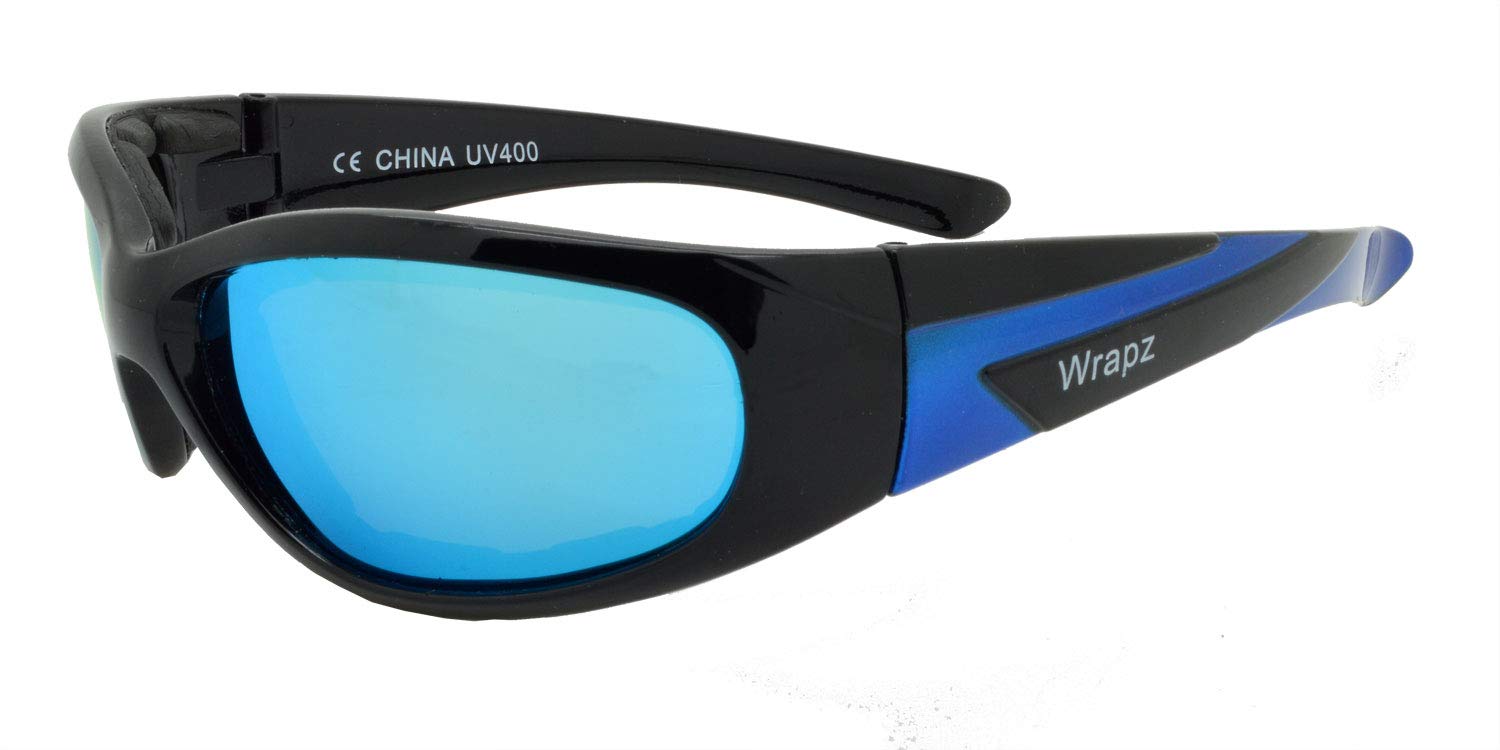 WrApz 9051 Polarised Padded Cycling Sunglasses Gloss Black/Blue with Blue Mirror Lens