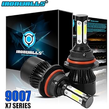 IRONWALLS F-X7 Series 2PCS 9007/HB5 LED Headlight Bulbs All-in-One Conversion Kit Fog Lights 4 sides 72W 8000LM 6500K Super Bright White COB Chips