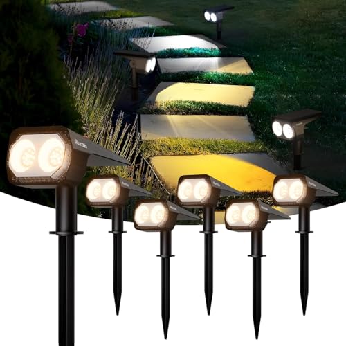 Quntis 3 Color Change 6 Pack Solar Spot Lights,Warm White/Cool/Natural, IP65 Waterproof &Type-C Charge Solar Lights Outdoor for Rain Winter, Wall/Ground Landscape Spotlights for Garden Yard Patio Path