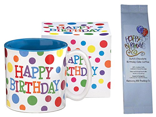 Happy Birthday Polka Dots Mug with Dutch Chocolate Birthday Cake Coffee Gift Set 2 Item Bundle