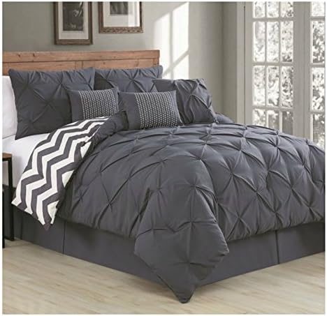 Queen Size Classic & Elegant Pinch Pleat Comforter Set in Charcoal For Contemporary Bedroom - 7 Pieces