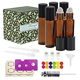 Glass Roller Bottles - 10ml, 6 Pack, Amber by Mavogel, Stainless Steel Roller Balls, Essential Oil Opener, Bottle Brush, Droppers, Funnel, and Labels Included