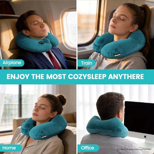 denoukin Inflatable Neck Pillow for Travel with Built-in Pump, Ergonomic Contour Support, Soft Plush Cover & Carry Pouch, Compact for Airplane, Car, Train Sleeping, Lake Blue