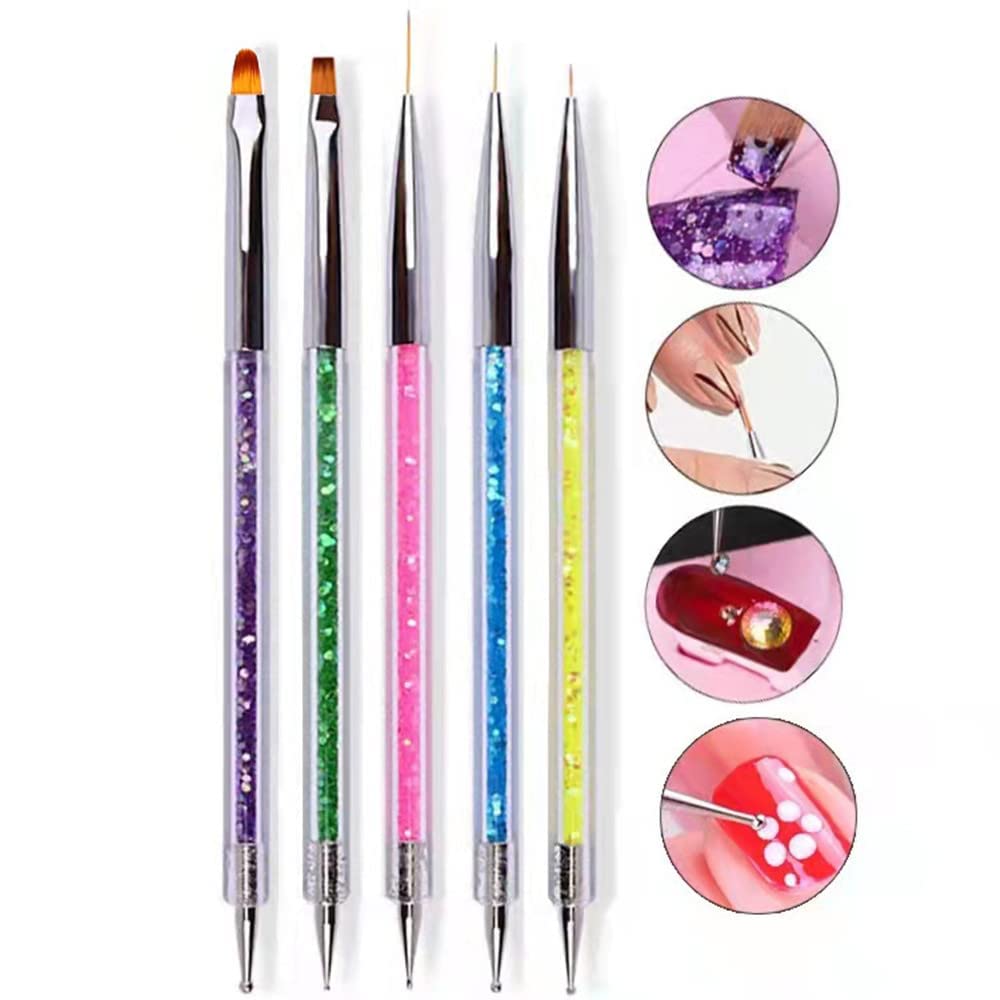 Nail Brush Set - 5pcs Double-End Nail Art Brushes Kit Professional Manicure Tools Kit with Painting Dotting Line Pen for Gel Polish Nail Designs Nail Carving French Nails