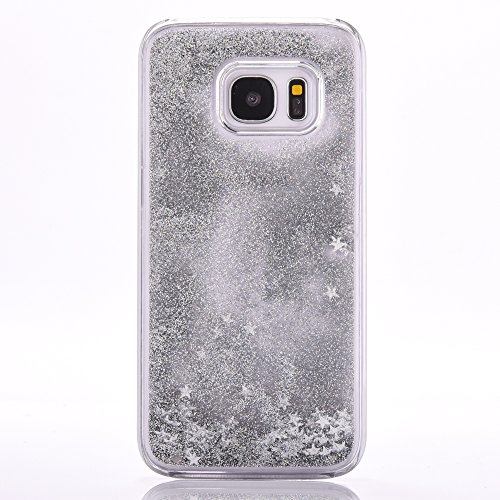 Galaxy S7 Edge Case, TIPFLY Transparent Plastic Hard Case Infused Funny Quicksand Moving Stars Bling Glitter Floating Dynamic Flowing Liquid Cover for Samsung Galaxy S7 Edge - Silver Stars