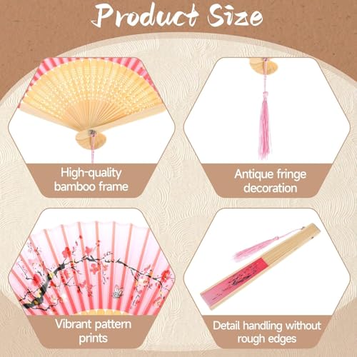 Chinese Folding Fan, Vintage Bamboo Hand Fan with Silk Tassel, Traditional Handheld Fans for Women, Wedding Dance Photo Props & Home Decors, Foldable Retro Design (32cm, Rose Pink)