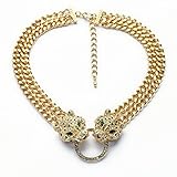 Yellow Gold Plated White Gemstone Crystal Set Panther Leopard Head 2 Low Chain Pendant Necklace 16