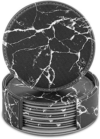 Drink Coasters Set of 6, Fintie Premium Vegan Leather Coffee Tea Cup Round Pad Coaster with Holder for Furniture Protection, Marble Black