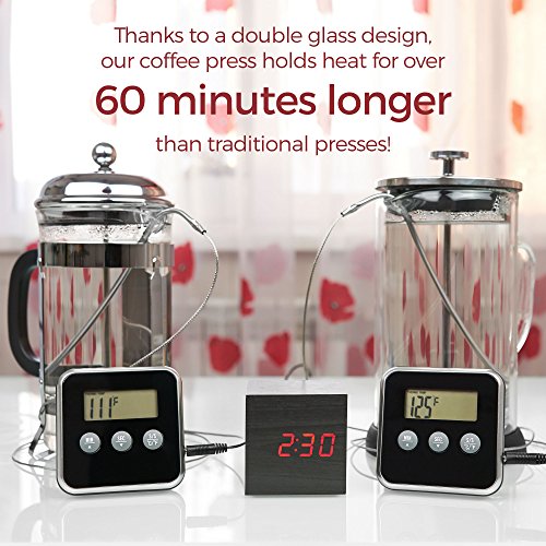 French Press Coffee Maker - Double Glass Design Holds Heat, Dual Filters Provide a Smooth Brew - Includes 2 Additional Mesh Filters