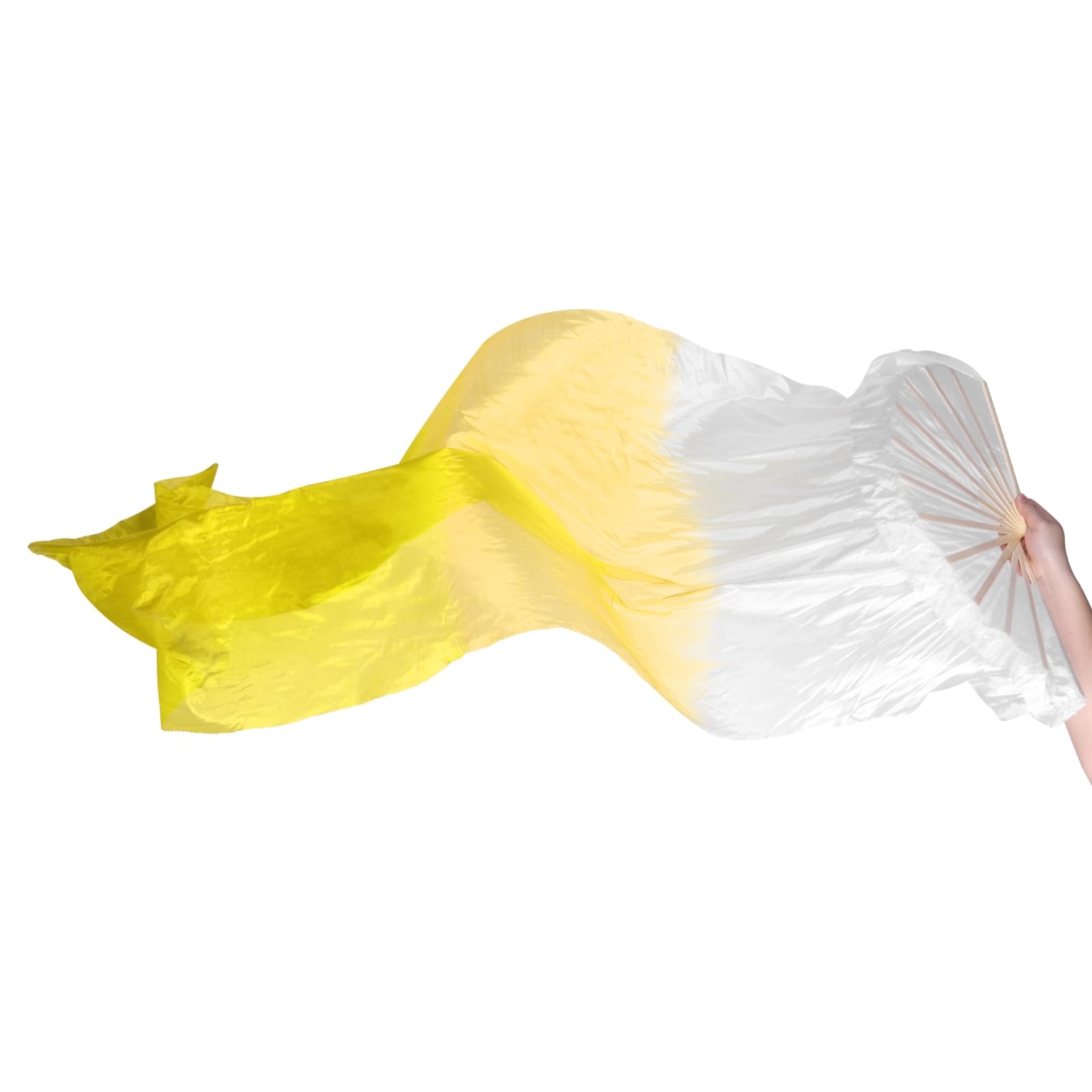 PATIKIL Belly Dance Silk Fan Veil 71", 1 Pack Women Long Folding Dance Fan Wood Fan for Dance Performance Right Hand, White Gradient Yellow