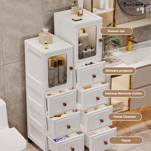Beauenty Slim Bathroom Cabinet, 4-Tiers Narrow Storage Cabinet with Doors, Plastic Standing Bathroom Organizer, Floor Cabinets with Wheels for Kitchen, Bedside, Living Room (1Door 4Drawer)