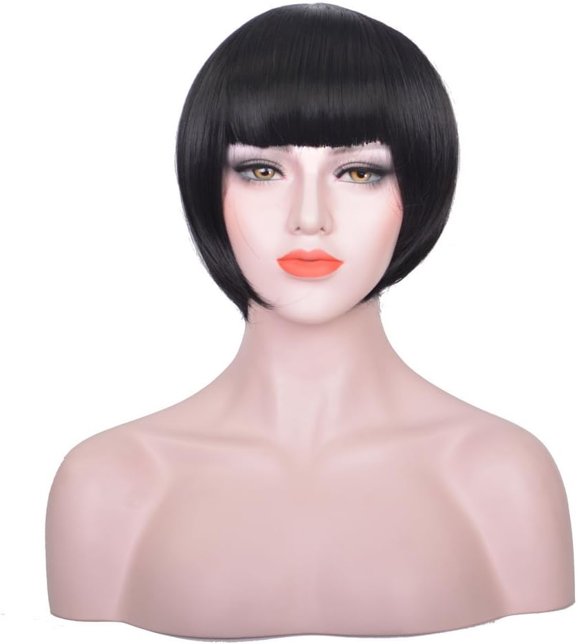 Bob Wigs for Women Short Hair Straight Natural Flat Bangs Synthetic (Black)
