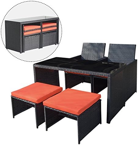 URSTAR 5-piece Outdoor Wicker Dining table set for 4 Person- Patio Rattan Furniture Set with Orange Cushion