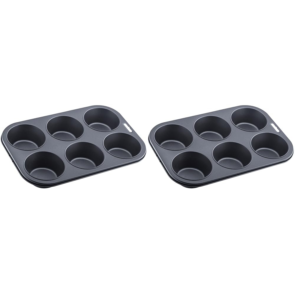 iCook Premium 6 Cup Deep Muffin Pan - Non-Stick, Carbon Steel, Dishwasher Safe - Excellent Heat Conduction - 32cm Length x 22cm Width x 4.25cm Height - Easy to Clean (Pack of 2)