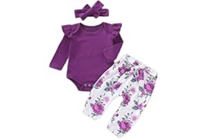 Aoswep Newborn Baby Girl Clothes, Infant Girl Outfits Long Sleeve Ruffle Romper + Floral Pants + Headband Set