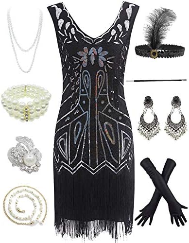 Women 1920s Short Prom Dresses V Neck Sequins Cocktail Flapper Plus Dress 20s Accessories Set