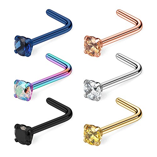 Ruifan 6PCS 20G Surgical Steel Mix Color Diamond CZ Nose Stud Rings L Shaped Piercing Jewelry 2.5mm