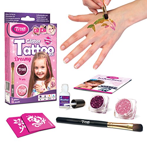 Tytoo Glitzertattoo Set für Mädchen mit 15 Schablonen- Seine Anwendung ist auch für Kinder mit empfindlicher Haut sicher und hält bis zu 18 Tage - 100% Geld-zurück-Garantie, Rosa – Bild 3