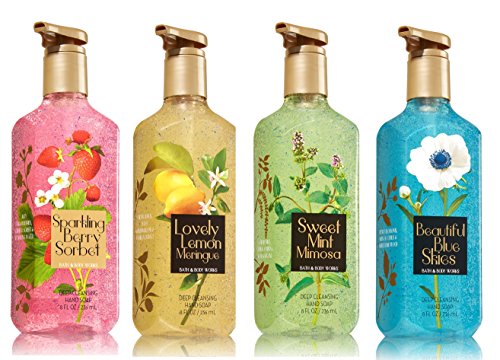 Bath and Body Works Spring Soap Set of 4 -- Sparkling Berry Sorbet + Lovely Lemon Meringue + Sweet Mint Mimosa + Beautiful Blue Skies - Bath & Body Works Deep Cleansing Hand Soaps with Microbeads