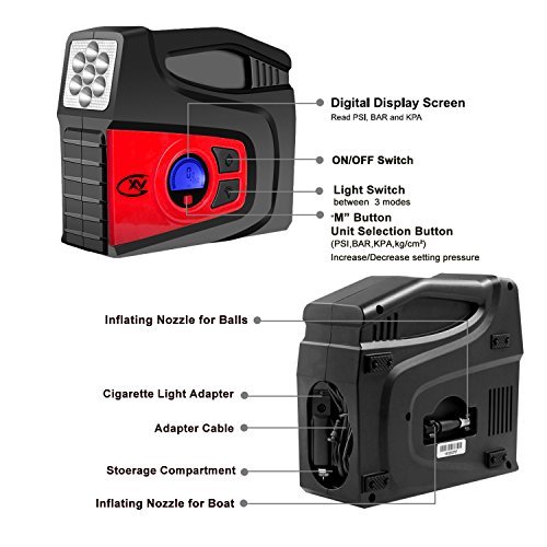 CXY Digital Tire Inflator ,Portable Air Compressor Pump,Valve Adaptors,12V DC Digital Auto Tire Inflator with LED Lighting and 2 Air Nozzles for Car Vehicle, Motocycle,Bicycle, Airbed and Balls...