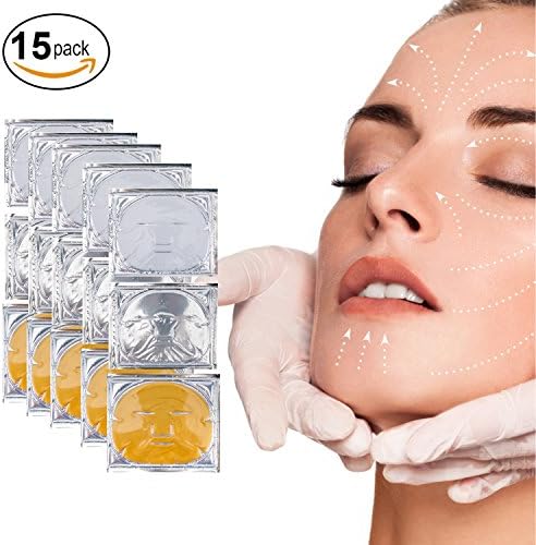 Anti Aging Set of 15 Golden 24K Gold, Milk White and Clear Transparent Face Facial Skin Collagen Gel Crystals Masks for Firming, Lifting, Elasticity, Wrinkles Lines Removal, Moisturizing and Whitening