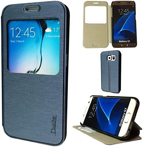 DodoBay® Samsung Galaxy S7 Case Luxury Ultra Slim Thin Fit View Window Flip Folio PU Leather Cover Wallet with Folding Stand for Samsung Galaxy S7 - Navy Blue