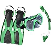 Hawaii Divers Destin Snorkel Set - Tempered Glass Snorkel Mask with Woven Strap, Dry-Top Snorkeling Gear with Silicone Mouthpiece, Adjustable Snorkeling Fins for Adult