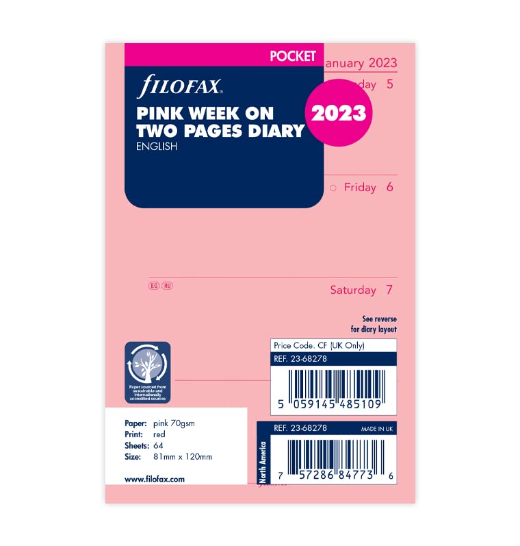 Filofax Pocket week on two pages English 2023 diary - pink