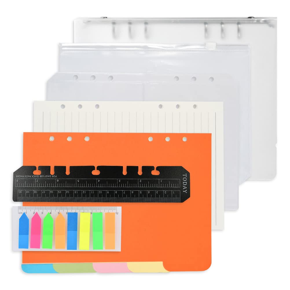 9 PCS Refillable A5 Notebook Set with Cover, 6-Hole Loose-leaf Book Set Include 135 A5 Refill Papers Lined 25 Note Tabs (8 Colors) 5 dividers 1 A5 Cover 1 Zipper Pocket 1 Bookmark Ruler 1 Receipt Bag
