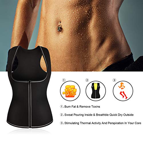 Women Waist Trainer Corset Neoprene Sweat Sauna Vest with Zipper for Weight Loss Tummy Control Fat Burning Slim Body Shaper (#2 Black Hot Vest (with Silvery Reflective Stripe), M (US 10))