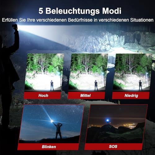Shadowhawk Torch LED 10000 Lumens, Extremely Bright Torch, USB Rechargeable Tactical Torches with Holster CREE XHP70.2, IP67 Waterproof, 5 Light Modes, for Camping, Hiking, Emergencies (26650 Battery)