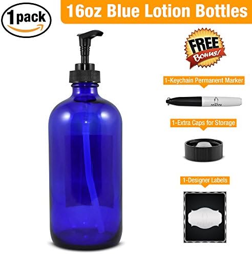 Empty Blue Glass Lotion Bottle-Large 16 oz Refillable Container for Lotion, Soap, Shampoo, &amp; More-Black Lotion Pump-1 PackBonus Free Caps, Designer Labels, Permanent Marker, &amp; Money Saver eBook