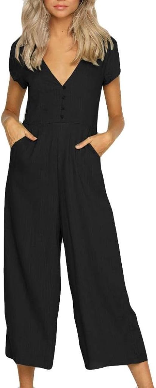 Rcool Damen Jumpsuit Sommer Overall Lang VAusschnitt Kurzarm Weite