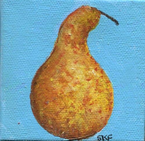 Yellow Pear Bosc Pear Mini Painting on Canvas, with Easel, 3 x 3, Small fruit, food art, kitchen decor, original miniature painting