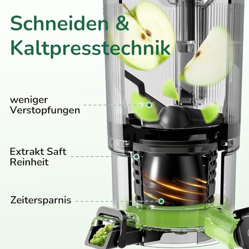 Spremiagrumi con foro di riempimento extra large 150 mm, filtro 3 in 1 (per succo, sorbetto e latte di noci), volume di riempimento 2,6 l, spremiagrumi lento con motore AC, sistema