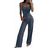 CHICME Women's 2 Piece Lounge Set U Neck Ribbed Knit Tank Top Pj Loungewear Casual Wide Leg Pants Comfy Matching Sets