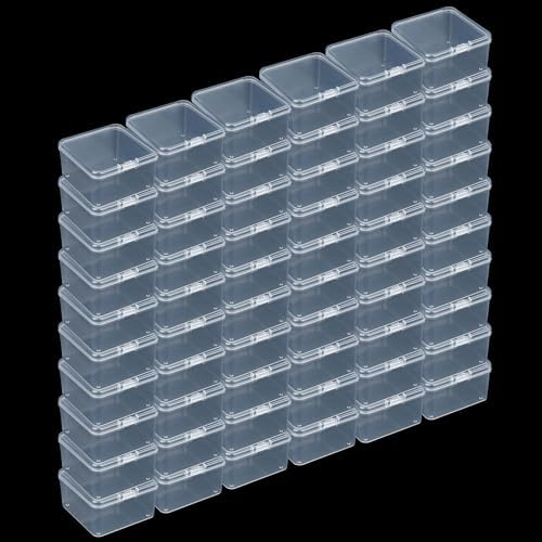 LJY 60 Pack Small Transparent White Plastic Boxes with Hinged Lid 6.5 x 6.5 x 3.5 cm – Square Small Storage Box for Diamond Art Accessories, Beads, DIY Craft Storage and Hardware Organiser