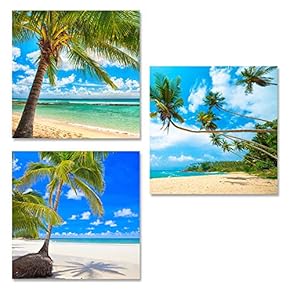 Canvas Wall Art Tropical Theme Sunshine Ocean and Beach Painting Artwork for Home Prints Framed - 12"x12"x3 Panels