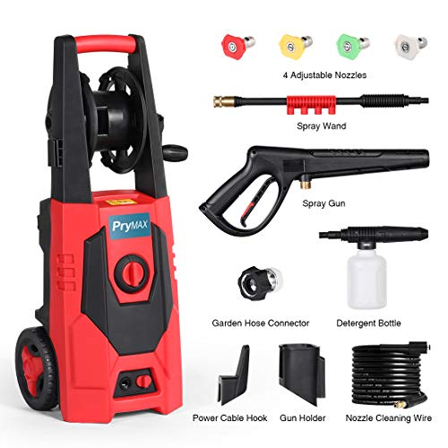 PRYMAX Pressure Washer 3000 PSI 1.70 GPM Car Electric Power Washer with Hose Reel and Interchangeable Nozzles, Red