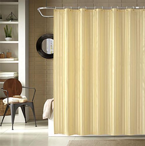 Extra Long Washable Shower Curtain Liner Bathroom Waterproof Fabric Cloth Mildew Resistant Polyester Textile (Best Hotel Quality Eco Friendly Elegant Damask Stripe) with Hooks Set - 69 x 84, Beige