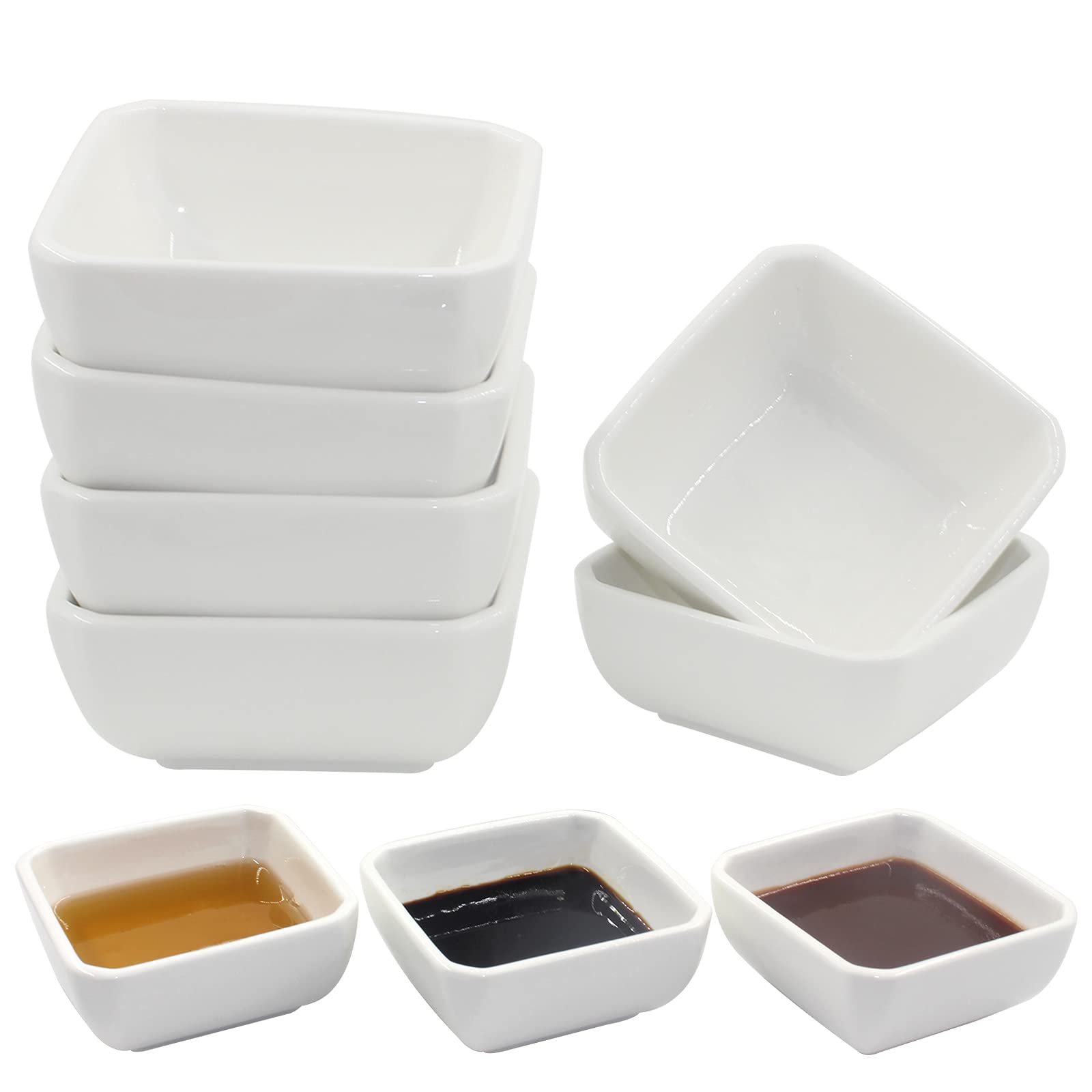 YBCPACK Square Ceramic Dipping Bowls, 5oz, Set of 6 - Durable and Long-lasting, Small Soy Sauce Dish Perfect for Dips, Snacks, Tapas, and Nibbles