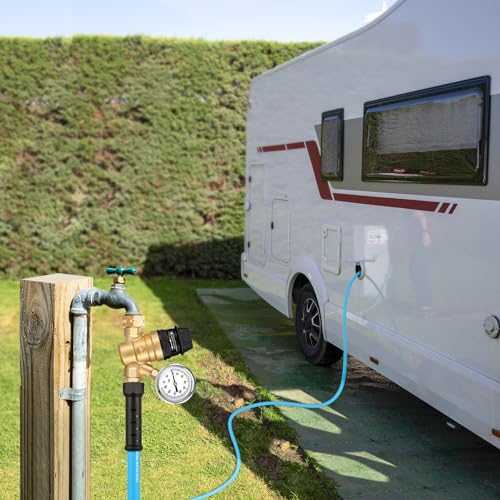 Kohree RV Water Pressure Regulator Valve, Adjustable Handle Brass Lead-Free RV Water Pressure Reducer with Gauge and 2 Inlet Screened Filters for RV Camper Travel Trailer Garden