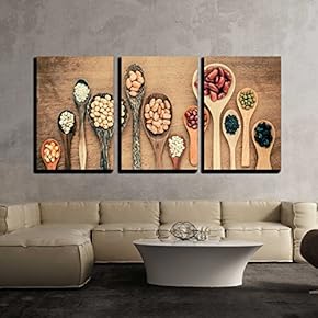3 Piece Canvas Wall Art - Assortment of Beans and Lentils in Wooden Spoon on Teak Wood Background - Modern Home Art Stretched and Framed Ready to Hang - 16"x24"x3 Panels
